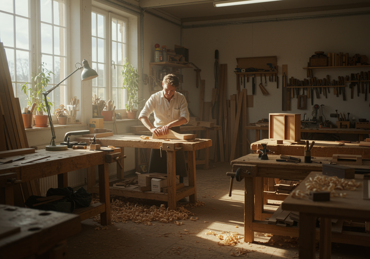 "Estudio de carpintería artesanal iluminado por el sol, donde un maestro carpintero elabora muebles personalizados con madera sostenible, rodeado de herramientas tradicionales y un ambiente ecológico."