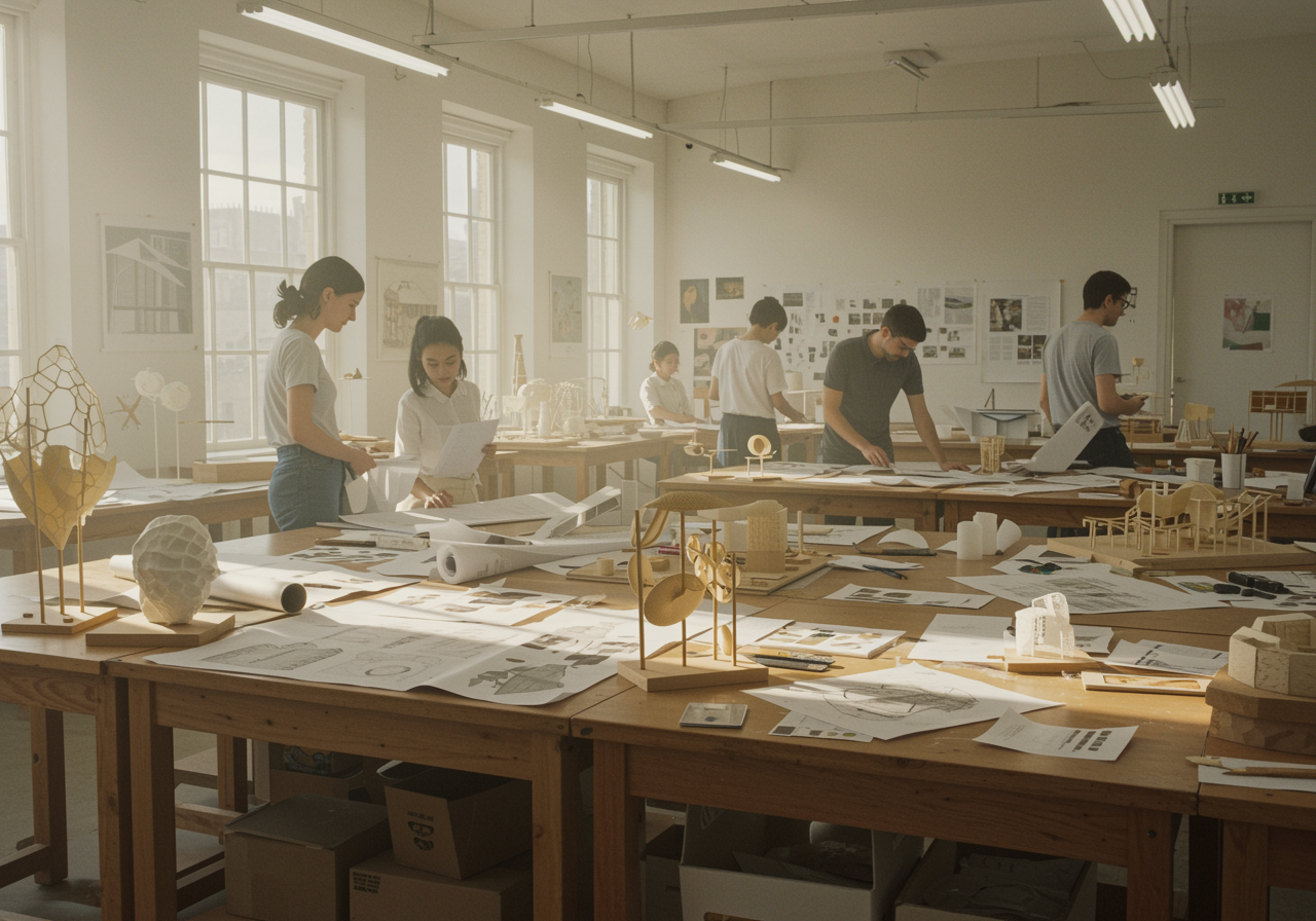 "Estudiantes de arquitectura colaborando en un luminoso atelier rodeado de planos, maquetas y esculturas, reflejando principios de diseño humano y experimentación artística."