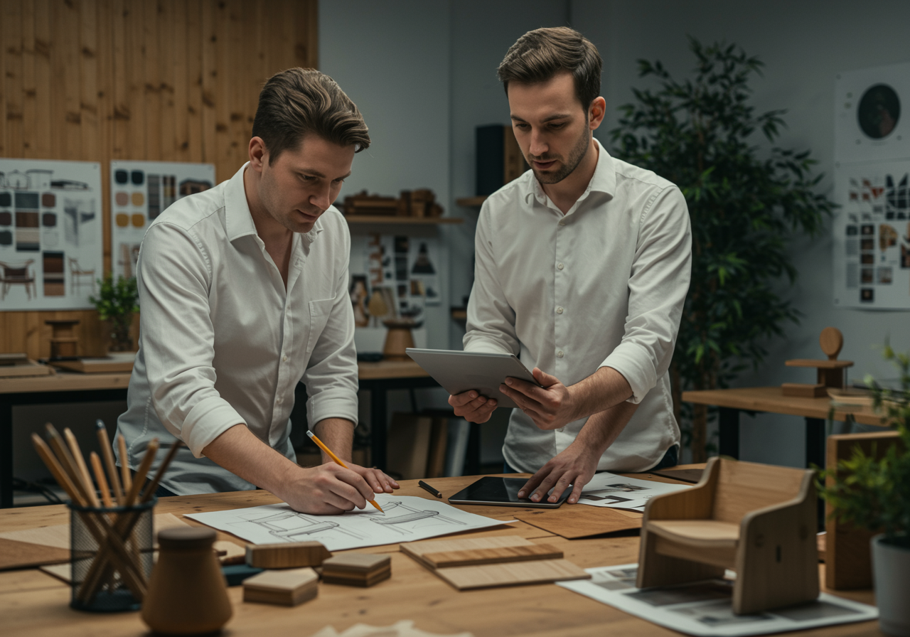 "Interior de un atelier de diseño moderno donde dos diseñadores colaboran en muebles personalizados, rodeados de materiales sostenibles y herramientas artesanales."