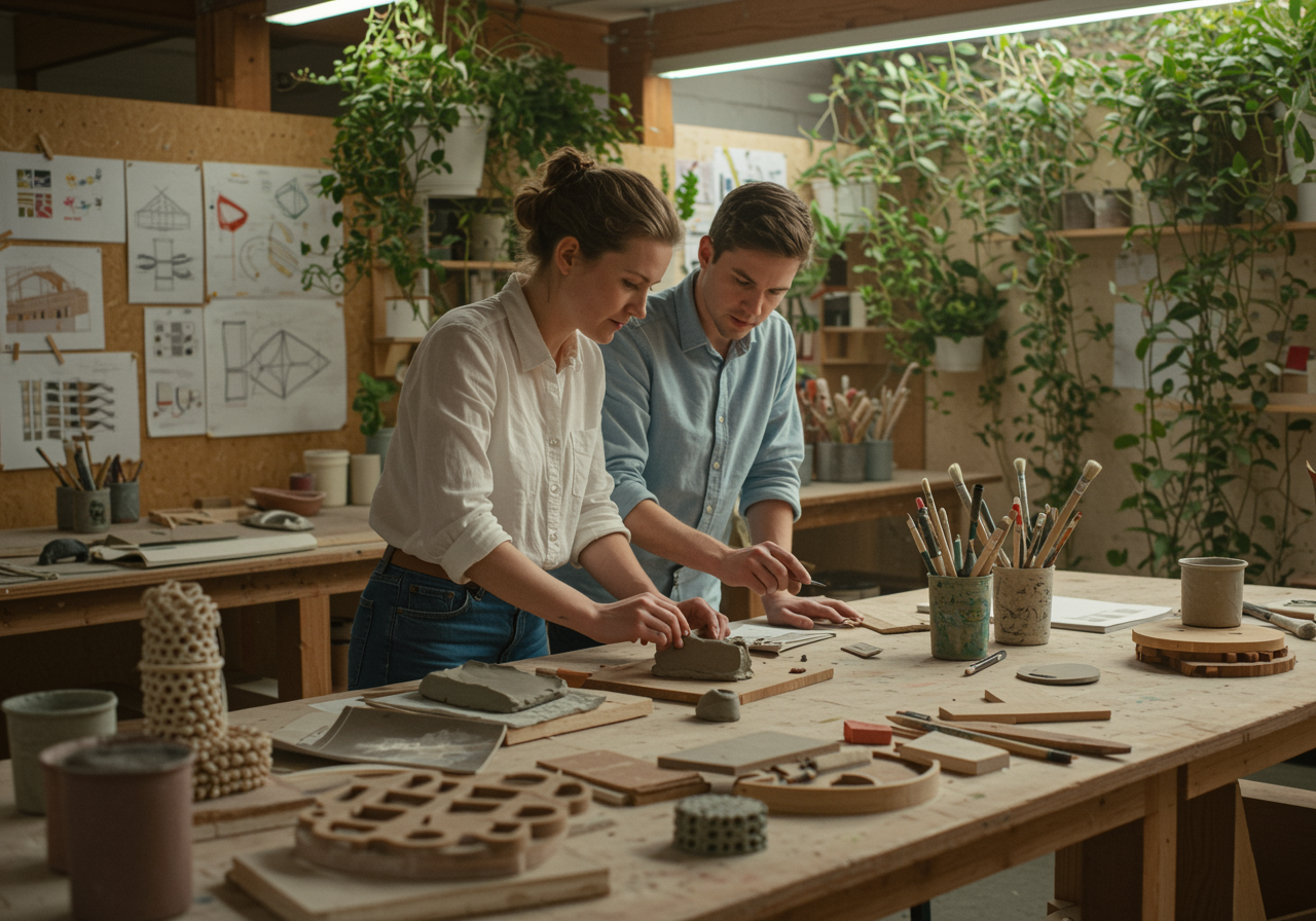 "Taller dinámico en un estudio moderno y natural, donde un instructor guía a un estudiante en el uso de materiales sostenibles para aprender técnicas de arquitectura sensible."