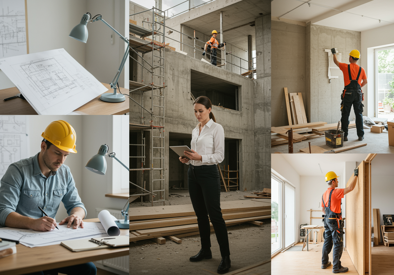 "Ilustración en tríptico que muestra las fases de un proyecto arquitectónico personalizado, con un arquitecto, una gerente de proyecto y un carpintero trabajando en un entorno moderno y sostenible."