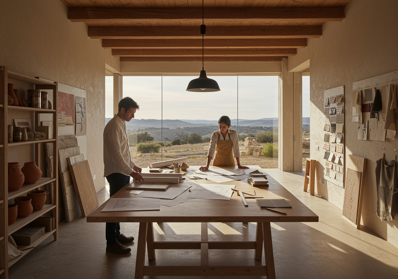"Interior arquitectónico fotorealista de Atelier Martínez Morón, con luz natural, materiales en bruto y un arquitecto y artesano colaborando en un ambiente contemporáneo y cálido."