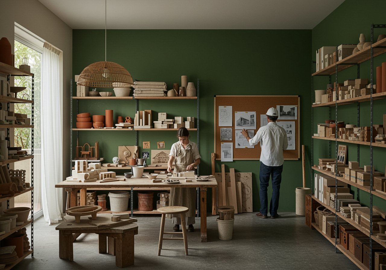 "Imagen de un estudio creativo sostenible de Atelier Martínez Morón, donde una artesana trabaja en un prototipo de madera entre paredes verdes y materiales reciclados, reflejando la fusión de diseño artesanal y arquitectura ecológica."