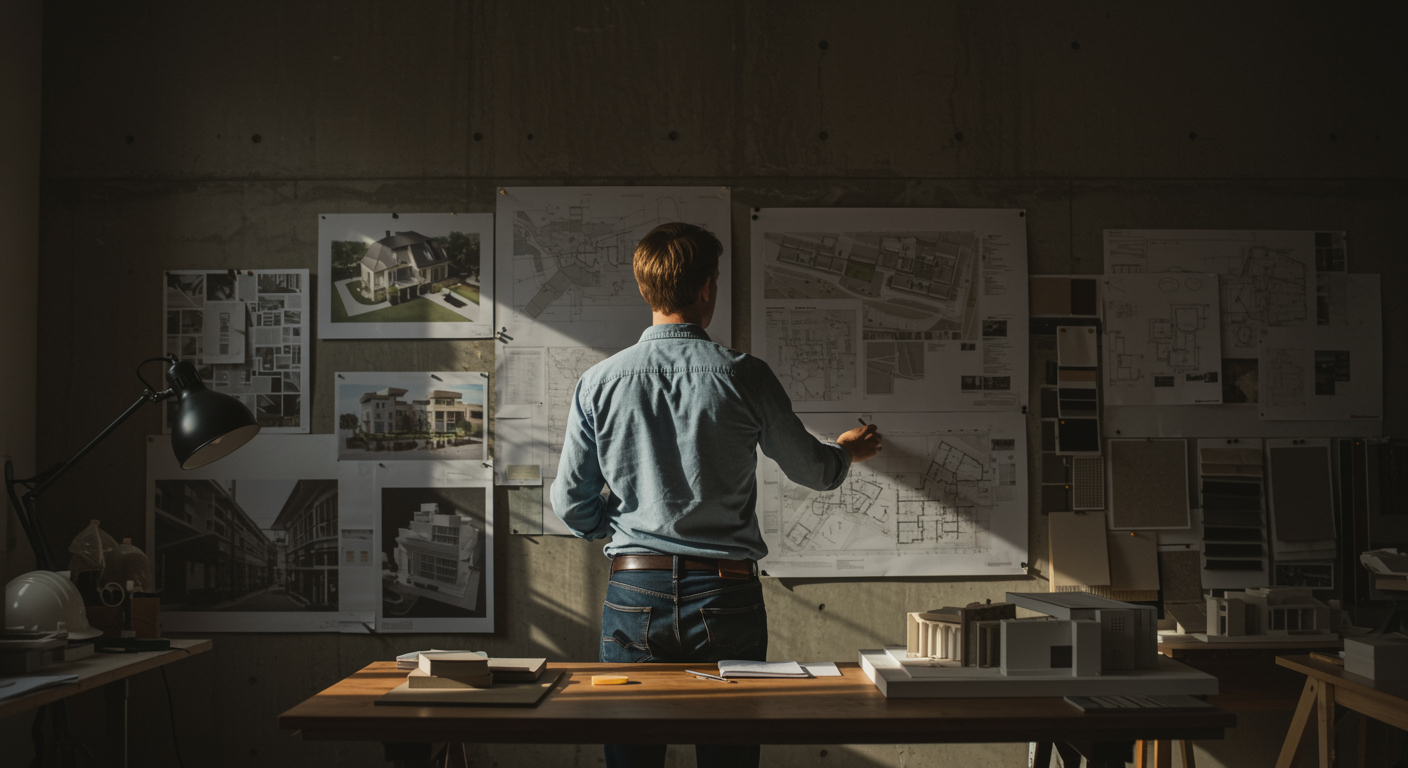 imagen5 "Arquitecto blanco en un estudio iluminado revisando planos de sitio grandes en una pared magnética, rodeado de maquetas y muestras de materiales, con luz natural cálida y superficies de madera y concreto."